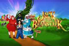 Key art for Jack and the Beanstalk at Hackney Empire, showing Dame Trot, Jack, the fairy and Fleshcreep in front of the beanstalk