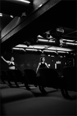 Ell Potter and Mary Higgins on stage, seen from the empty seats, behind the scenes at HAM. Photo by Celia Dugua
