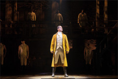 Stephenson Ardern-Sodje as Alexander Hamilton with the company of Hamilton at the Victoria Palace Theatre. Photo by Danny Kaan