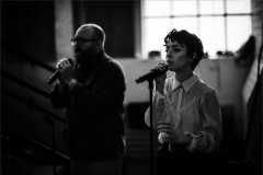 Ed Begley and Meg Hill (Vocals) in rehearsal for Hamlet Hail to the Thief. Photo by Alex Lake