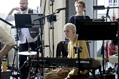 Ed Begley, Tom Knowles and Meg Hill in rehearsal for Hamlet Hail to the Thief. Photo by Manuel Harlan