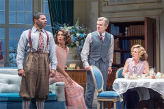 Ash Hunter as Sandy Tyrell, Lucy Karczewski as Jackie Coryton, Charles Edwards as Richard Greatham and Nancy Carroll as Myra Arundel in Hay Fever. Photo by Marc Brenner