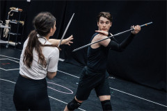 Jake Scott Newton in a sword-fighting rehearsal for The Hunger Games: On Stage. Photo by Danny Kaan