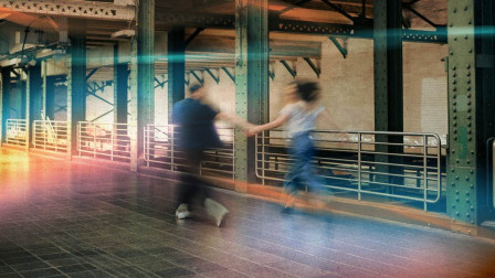 Campaign artwork for In Pieces: two blurred figures run hand in hand along an elevated station platform