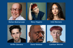 Stefan Bednarczyk, Mary Higgins, Iniki Mariano, Griffin Stevens, David Webber and Lachlan Werner, the cast of It’s a Wonderful Life! at Jermyn Street Theatre