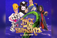 Key art for Jack and the Beanstalk at Greenwich Theatre: the Dame, a pantomime cow, Jack and a villain above the clouds