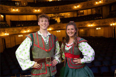 Louis Hearsey as Jack Trott and Ruth Betteridge as Jill Pickle in the auditorium of Blackpool Grand Theatre