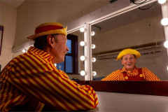 Steve Royle as Silly Simon at a dressing-room mirror at Blackpool Grand Theatre