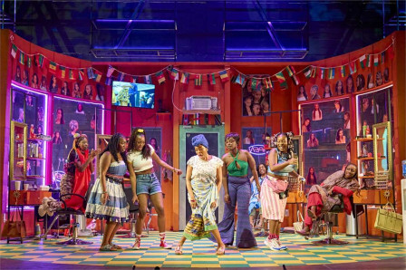 The 2026 company of Jaja’s African Hair Braiding at the Lyric Hammersmith Theatre. Photo by Manuel Harlan