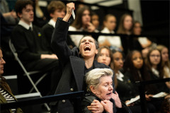 Carolina Valdés as Casca and Jackie Clune as Julius Caesar in First Encounters: Julius Caesar. Photo by Helen Maybanks