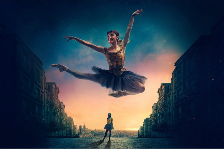 Key art for Little Dancer: a ballerina leaps above a Paris street at dusk while a young dancer in a tutu looks on
