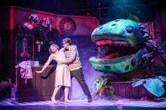 Leigh Quinn (Audrey) and Scott McClure (Seymour) with Audrey II in Little Shop of Horrors at Exeter Northcott Theatre. Photo by Craig Fuller