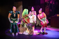 Scott McClure (Seymour) with Audrey II, Ronnette, Chiffon and Crystal in Little Shop of Horrors at Exeter Northcott Theatre. Photo by Craig Fuller