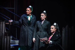 Ronnette, Chiffon and Crystal on Skid Row in Little Shop of Horrors at Exeter Northcott Theatre. Photo by Craig Fuller
