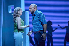Ellie Gilbert-Grey as Sophie and Rakesh Boury as Bill Austin in Mamma Mia! at the Novello Theatre. Photo by Brinkhoff & Mögenburg