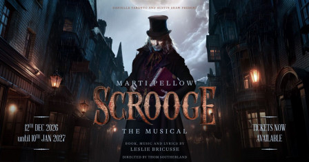Key art for Marti Pellow’s Scrooge the Musical at the SEC Armadillo in Glasgow, showing Pellow as Ebenezer Scrooge in a top hat and long Victorian coat, clutching a ledger in a rain-soaked gaslit street