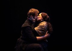 A couple share a kiss in Martin Guerre at the Old Vic. Photo by Helen Maybanks