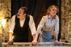 Keir Charles as Fyodor Kulygin and Michelle Terry as Olga in Three Sisters at Shakespeare's Globe, 2025. Photo by Johan Persson