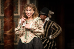 Michelle Terry as Olivia, with Stephen Mangan, in a Twelfth Night Cue Script performance at Shakespeare's Globe, 2023. Photo by Marc Brenner