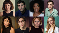 The cast of Miss Bennet: Christmas at Pemberley at Park Theatre. Top row, from left: Chloe Wade, Keaton Guimarães-Tolley, Cash Holland and George Rowlands; bottom row: Nadi Kemp-Sayfi, Jack Michael Stacey, Kara Lynch and Yasmine Meaden