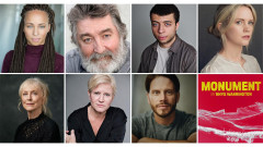 The cast of Monument, top row from left: Crystal Condie, Ifan Huw Dafydd, Joshua Griffin and Anna Lundberg; bottom row: Sharon Morgan, Lisa Palfrey and Gwydion Rhys, beside the show artwork by Guy J Sander