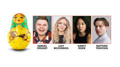 Mother Russia cast artwork: Samuel Creasey, Lucy McCormick, Kirsty Rider and Matthew Tennyson beside a Russian doll holding banknotes and a pistol