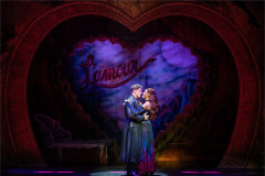 Christian and Satine embrace in front of the L'amour heart in Moulin Rouge! The Musical. Photo by Johan Persson Christian and Satine embrace in front of the L'amour heart in Moulin Rouge! The Musical. Photo by Johan Persson