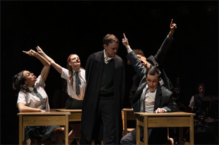 A classroom scene in The Nature of Forgetting by Theatre Re. Photo by Ellie Kurttz