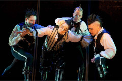 Garett Ross, Scott Shpeley, Ryan Parker and Gaelan Beatty in Nevermore, 2015. Photo by Joan Marcus