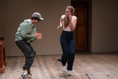 Joseph Payne as TIM and Samantha Begeman as NINA 02 on the open stage in NINA at Battersea Arts Centre. Photo by Ali Wright