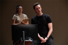 Maya Bartley O'Dea as NINA 01 and Rowan Polonski as GORAN in NINA at Battersea Arts Centre. Photo by Ali Wright