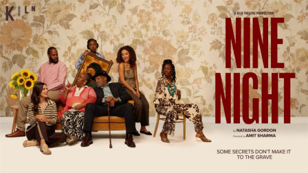 Artwork for Natasha Gordon's Nine Night at Kiln Theatre, a family gathered around a sofa against floral wallpaper. Photo by Michael Wharley, design by MUSE Creative Communications