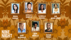 The cast of Nine Night at Kiln Theatre: Sonya Cassidy, Estella Daniels, Llewella Gideon, Ava Hinds-Jones, Gary McDonald, Dani Moseley and Javone Prince