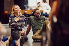 National Youth Theatre members sitting on the rehearsal-room floor for Letters to My Younger Future Self. Photo by Rich Lakos