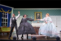 Syrus Lowe as Mary's Husband, Lolly Adefope as Mary Todd Lincoln and Lucy Frederick as Mary's Chaperone in Oh, Mary! at the Trafalgar Theatre. Photo by Manuel Harlan