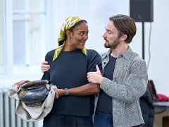Gleanne Purcell-Brown and Jack North in rehearsal for A Christmas Carol at the Old Vic. Photo by Manuel Harlan