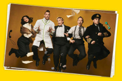 The company of Operation Mincemeat in costume, mid-leap. Photo by Matt Crockett