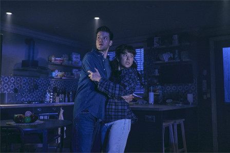 Ty Fanning as James and Ami Okumura Jones as Lou in Paranormal Activity at the Ambassadors Theatre. Photo by Matt Crockett
