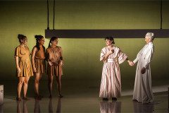 Amelia Bullmore as Penelope (right) with members of the company of The Penelopiad. Photo by Pamela Raith