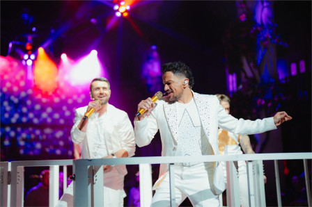 Peter Andre as Nikos in Mamma Mia! The Party at The O2. Photo by Grant Walker