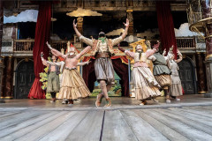 The company in a dance number from the 2025 production of Pinocchio at Shakespeare’s Globe. Photo by Johan Persson