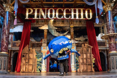 A giant blue whale on the Globe stage in the 2025 production of Pinocchio. Photo by Johan Persson