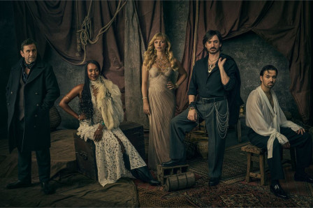 Phil Daniels, Gleanne Purcell-Brown, Lily Blunsom, George Maguire and Harrison Wilde in character for Disney's Pirates of the Caribbean: The Immersive Adventure. Photo by Dan Kennedy Photo