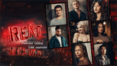 Key art for Rent at the Tom Stoppard Theatre, with the eight principal cast members. Principal cast photography by Oliver Rosser