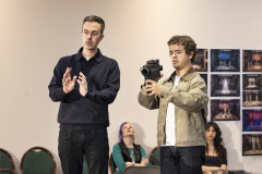 Director Luke Sheppard with Gaten Matarazzo in rehearsal for Rent. Photo by Pamela Raith