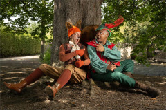 Lauren Chinery as Cyril the Squirrel and Folarin Akinmade as Robin Hood in Robin Hood at Queen’s Theatre Hornchurch. Photo by Mark Sepple