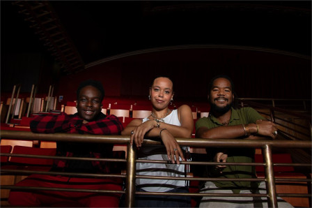 Playwrights Justice Ezi, Demi Wilson-Smith and Kaleb D’Aguilar at the Broadway Theatre, Catford. Photo by Maddy Cavaliero Knox