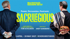 Sacrilegious artwork: an older man hiding a wad of cash and a young rabbi hiding a pastrami sandwich behind their backs, for the Riverside Studios world premiere, 3 April - 29 May 2027