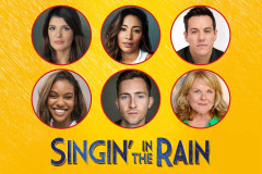 Natalie Anderson, Karen Hauer, Grant Almirall, Nicole-Lily Baisden, Matthew Maddison and Wendi Peters, principal cast of the Singin' in the Rain UK and Ireland tour