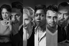 Janie Dee, Jolyon Coy, Natalie Dunne, Gloria Obianyo, Joseph Potter and Ferdy Roberts in character for Speculations. Photos by Robert J Wilson
